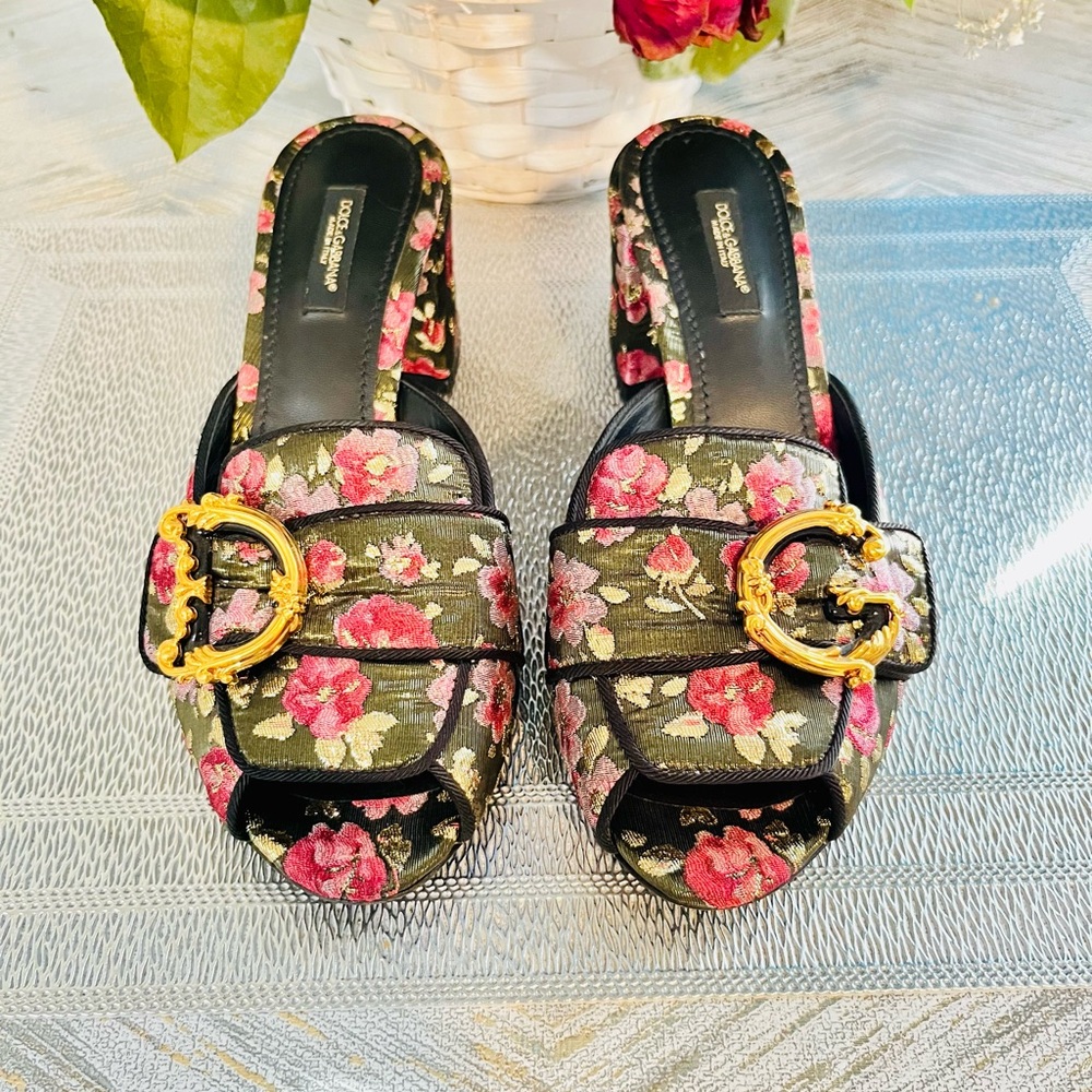 Dolce & Gabbana Pink Floral Mules with Gold Buckle - Picture 12 of 12